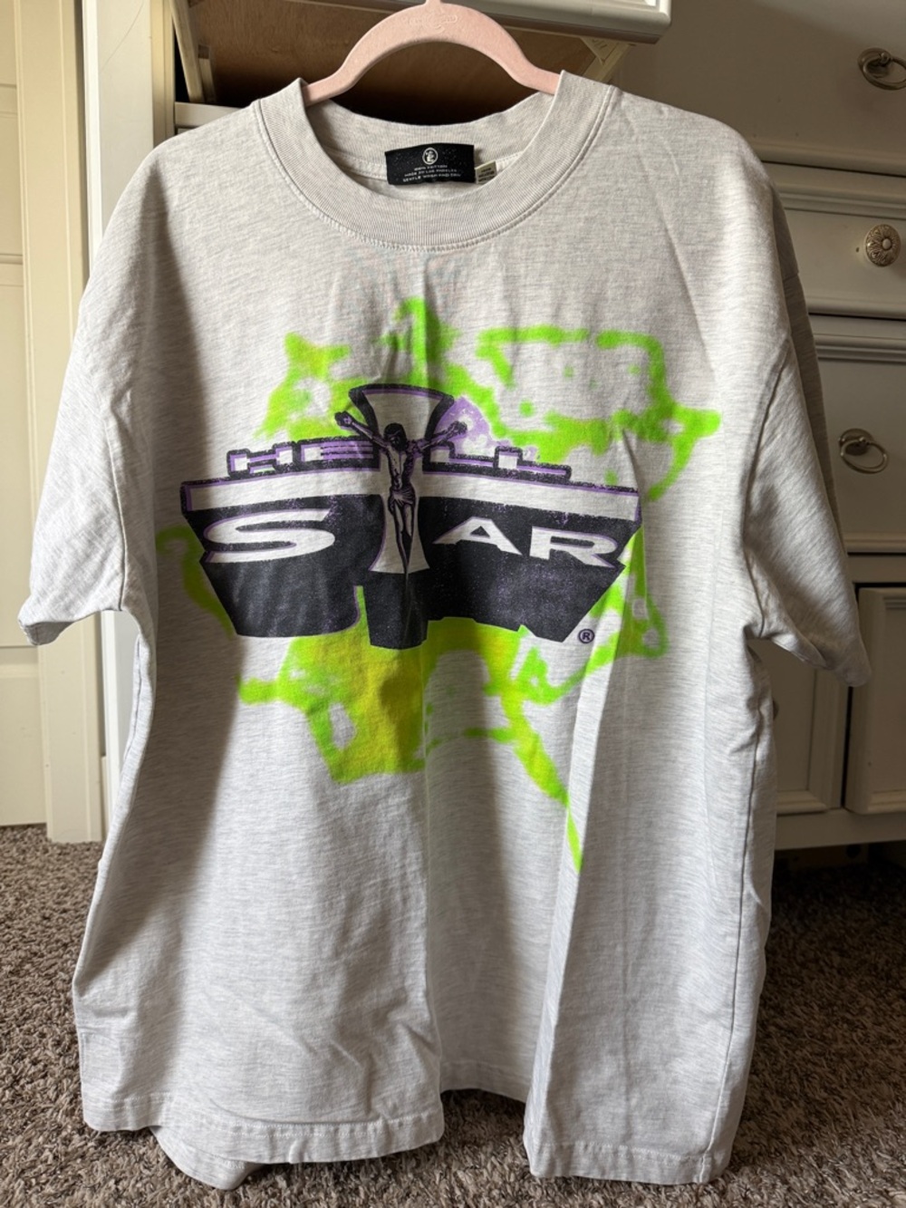 Vintage Star Graphic Tee in Light Gray with Neon Green & Black Print